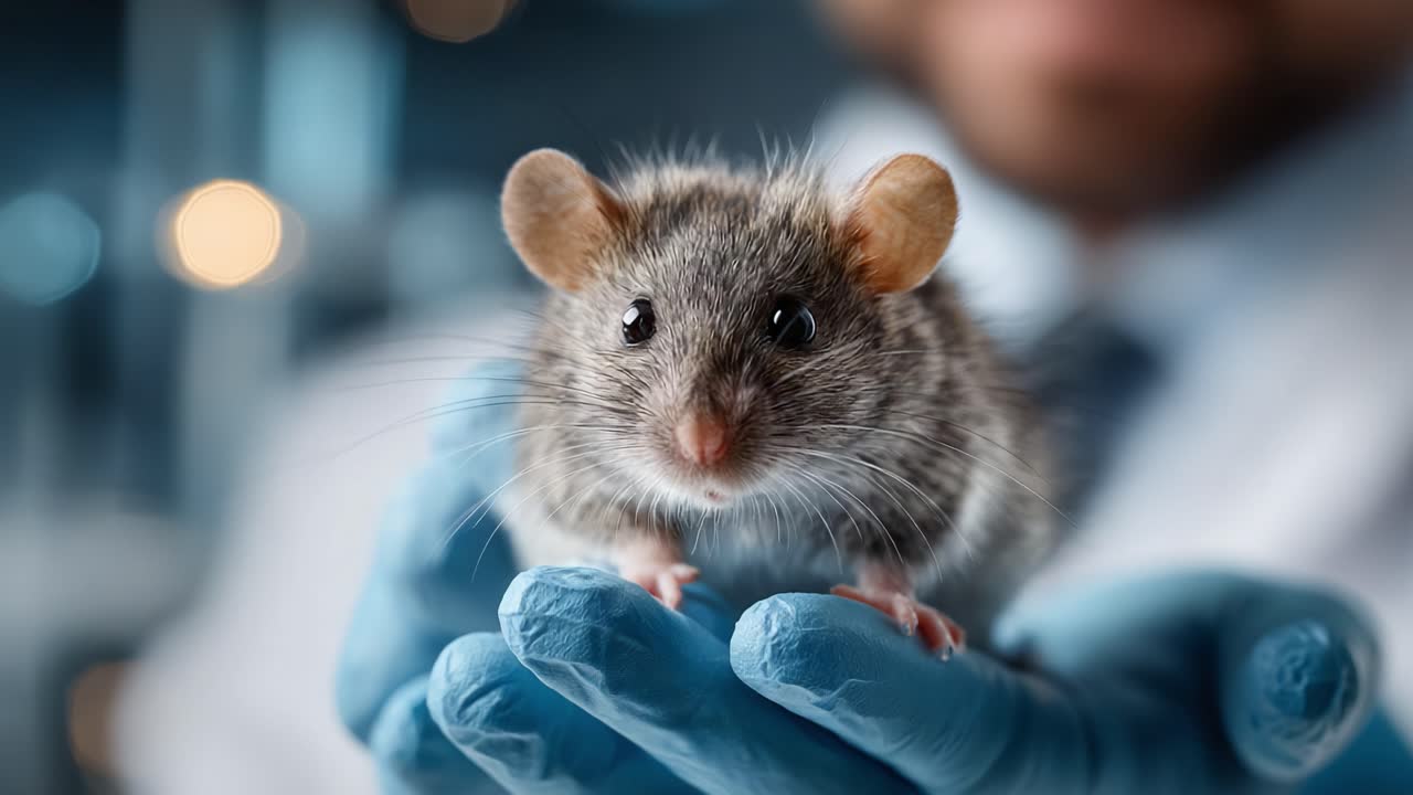 Un esame ravvicinato di un topo da laboratorio tenuto delicatamente in una mano guantata, che dimostra la cura e l'attenzione rivolte ai soggetti della ricerca negli studi scientifici
