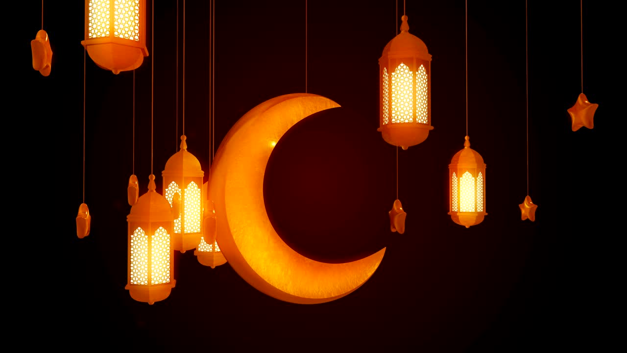 빛나는 축제 랜턴, 별과 달은 어두운 배경에서 천장에 매달려 있습니다. ramadan kareem 이슬람 운동 배경 3d loopable 애니메이션.