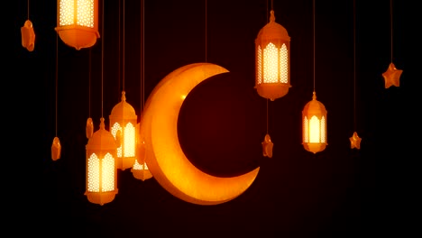 glowing celebration lantern, star and moon hanging from ceiling on dark background. ramadan kareem islamic motion background. 3d loopable animation.