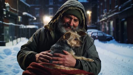 a heartwarming encounter: a man embracing his furry friend in a snowy urban setting, capturing the essence of compassion and connection amidst winter's chill