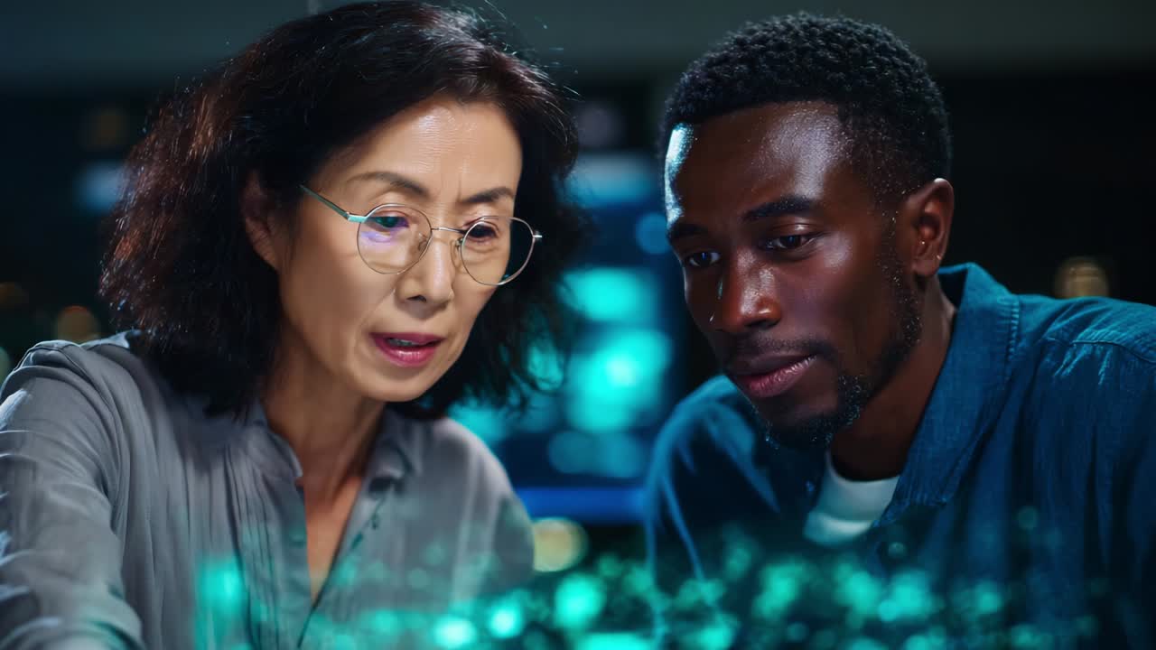 A focused collaboration between two professionals analyzing data together in a modern workspace, showcasing the synergy of teamwork and the importance of data-driven decision-making in today’s world