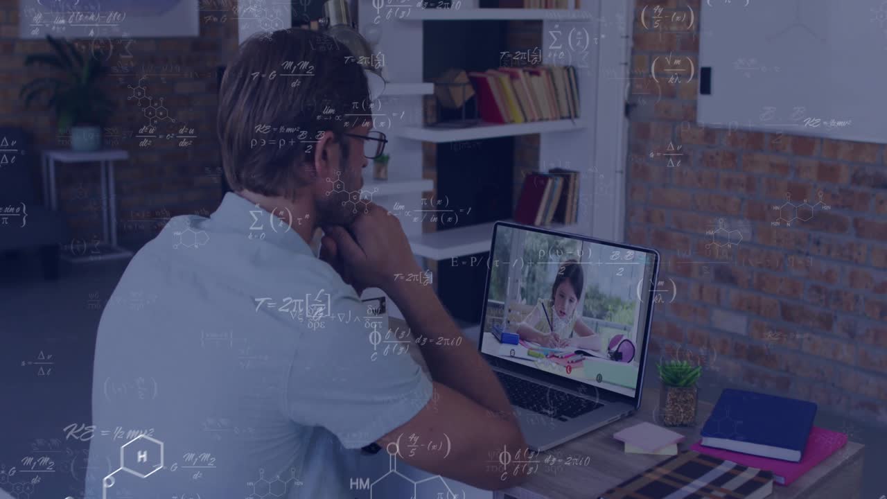 Father joining laptop tutoring call, observing daughter writing while formulas floating