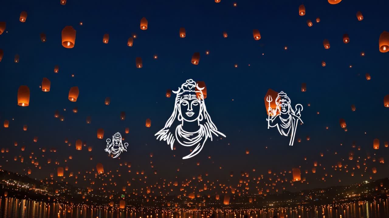Majestic Night Sky Illuminated by Floating Lanterns Featuring Divine Figures in a Spiritual Celebration of Light and Reflection