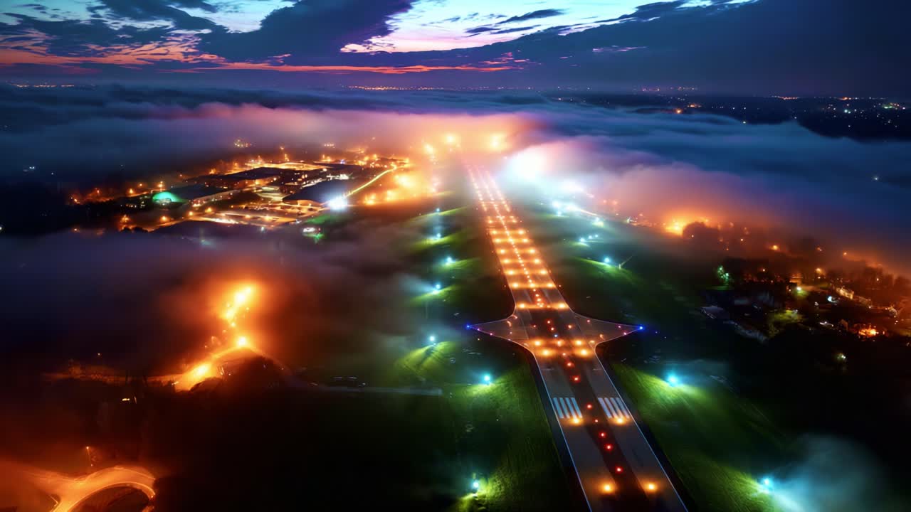Aerial View of a Modern Airport Runway Illuminated at Dusk with Vibrant Lights and a Dreamy Misty Atmosphere, Capturing the Beauty of Flight Paths and Air Traffic in Soft Twilight Conditions