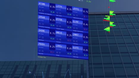 animation of financial data processing over modern building