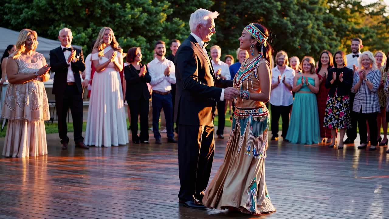 A couple dances elegantly at an outdoor event, surrounded by applauding guests