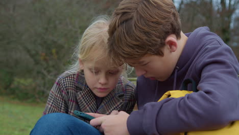 brother and sister looking at phone together outdoors