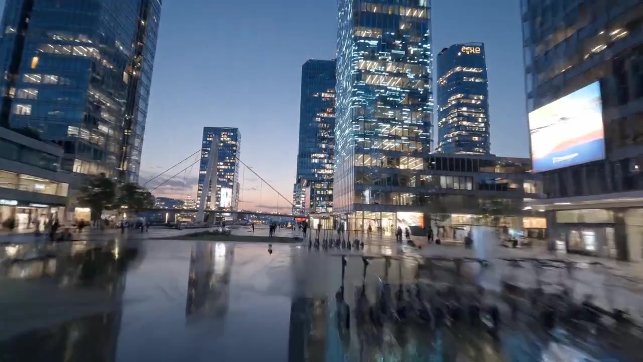 Uno splendido paesaggio urbano serale con architettura moderna, imponenti grattacieli e lungomare panoramici con luci brillanti e una vivace vita urbana