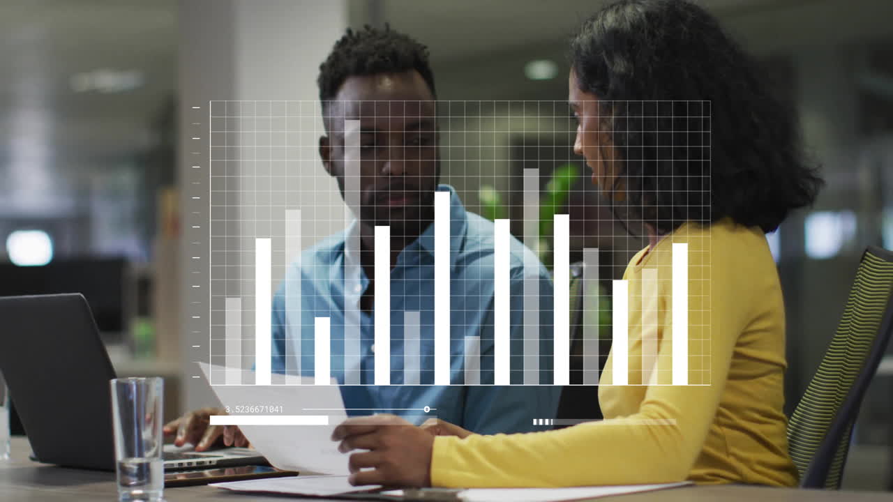 Animation of financial data processing over diverse business people in office