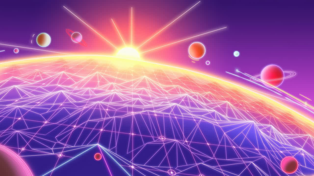 Futuristic Digital Planet with Neon Wireframe and Rising Sun