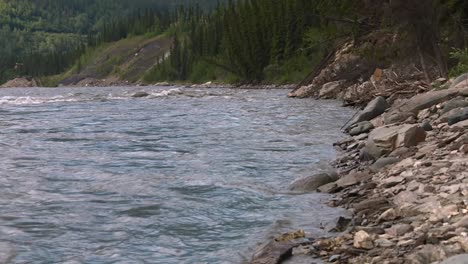 Water Flowing In The Nenana River Along The Rocky Shore In Denali National Park In Alaska. - wide shot
