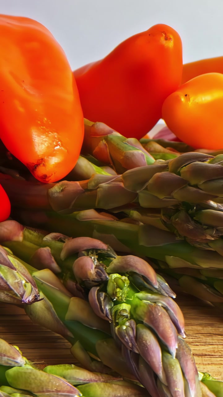 Primo piano verticale di punte di asparagi verdi vivaci accanto a peperoni arancioni maturi su una superficie di legno.