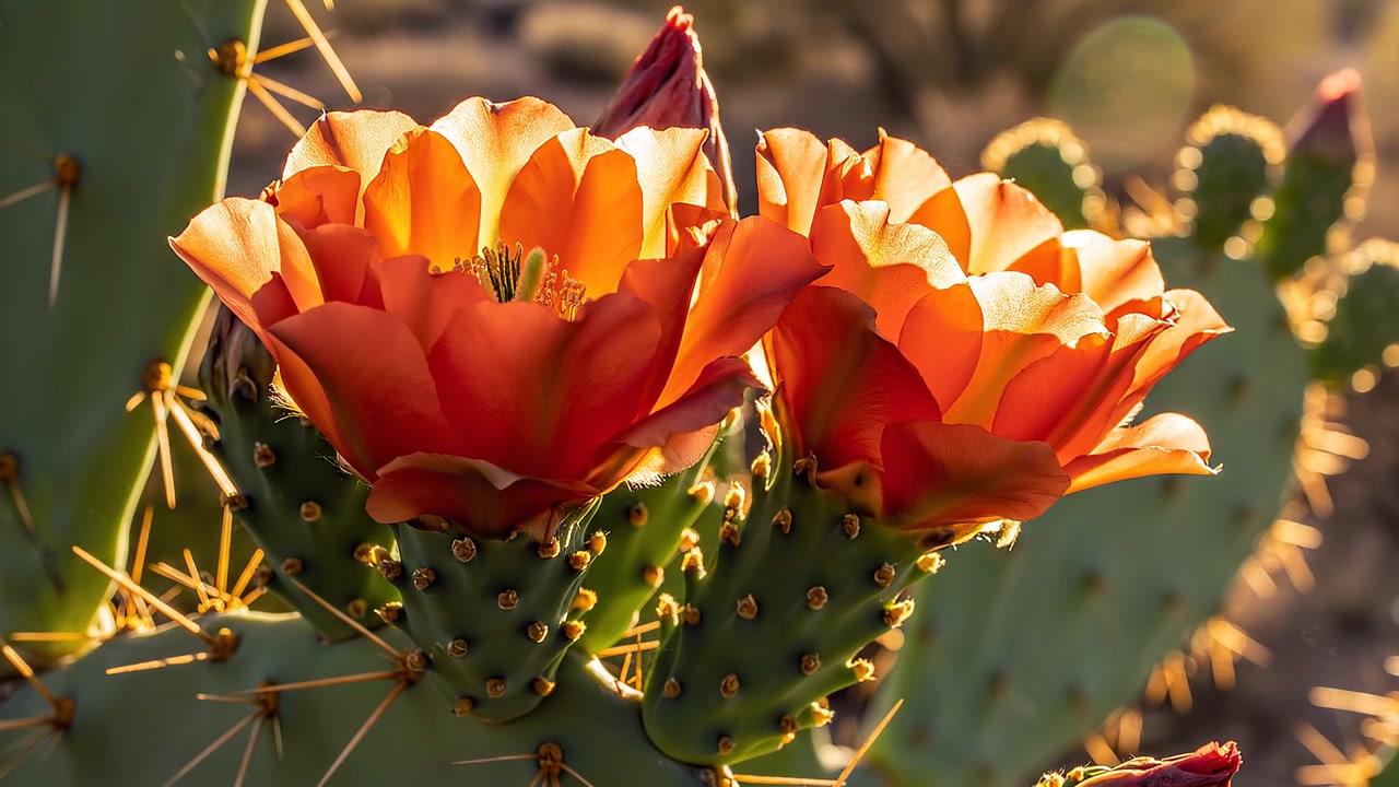 Blomstrende orange blomster på en figenkaktus ved solnedgang