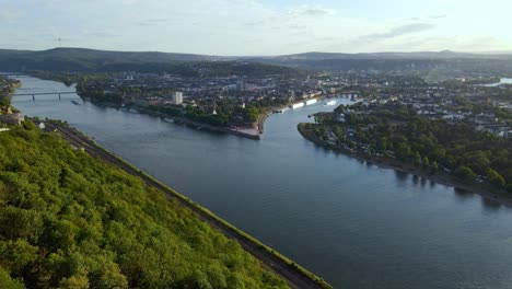 flyover aerial shot of ehrenbreitstein fortress in germany, a unesco world heritage site built between 1817-1828. also seen is the rhine river