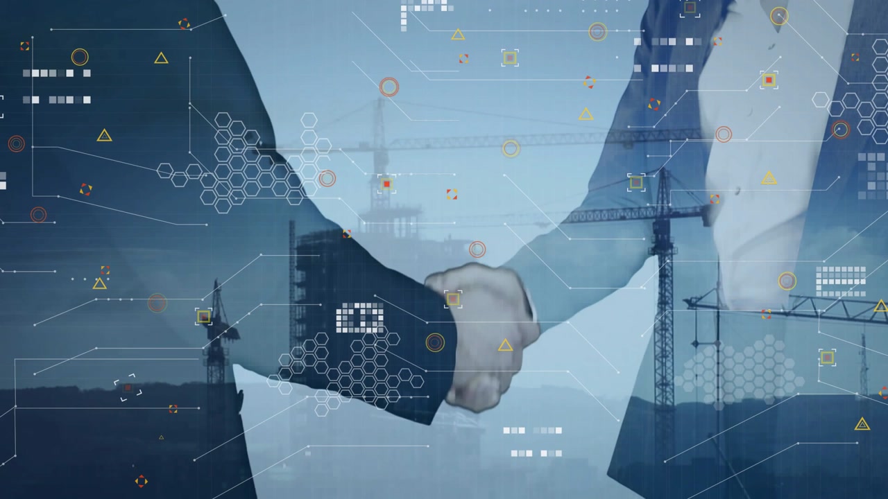 Man initiating business handshake with woman sealing deal while hex overlays linking cranes ending