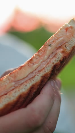 vista parcial de una persona sosteniendo un sándwich, con otra persona borrosa en el fondo, entorno al aire libre con iluminación natural, capturando momentos relajados y casuales mientras come en la naturaleza