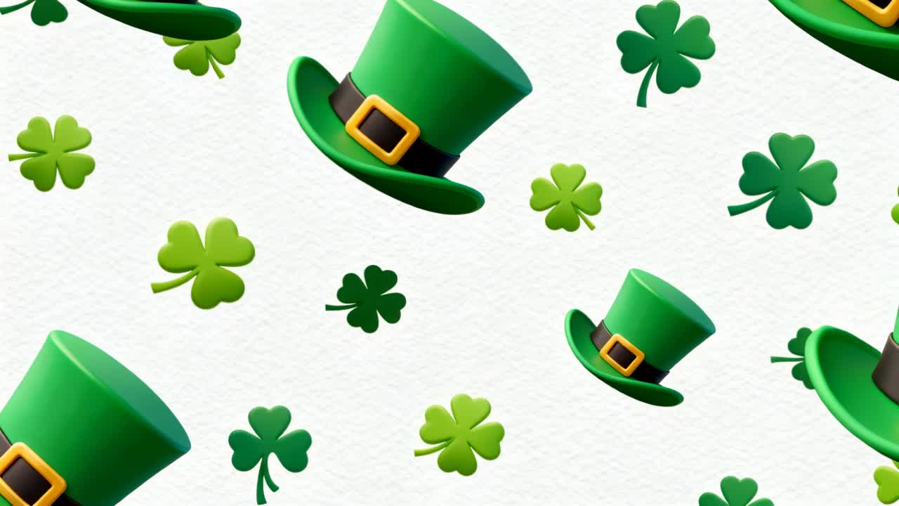 Loop starting, leprechaun hats and shamrocks drifting diagonally on off-white paper as decor loop