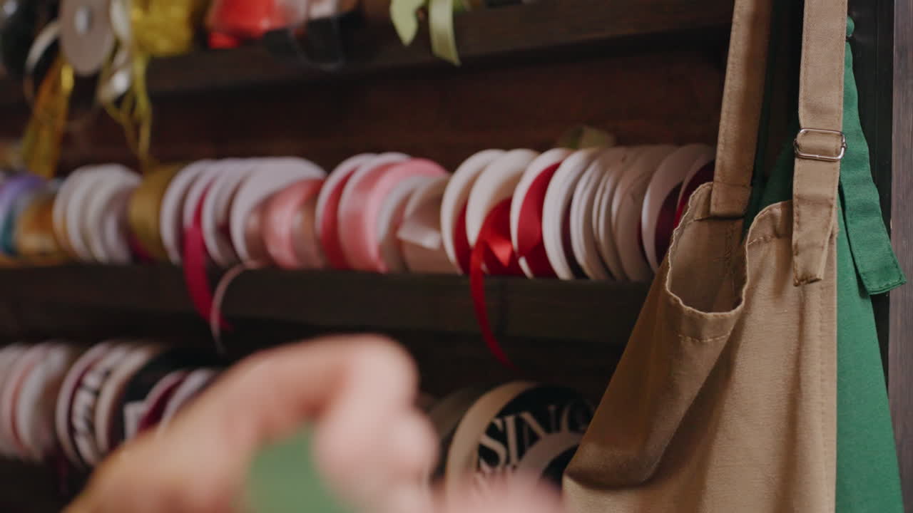 Primo piano di una fiorista che prepara fiori. La fiorista sta perfezionando gli accessori del bouquet in un ambiente di lavoro accogliente. Stilista floreale creativa che sistema la selezione di nastri e la tracolla della borsa in una calda sala artigianale.