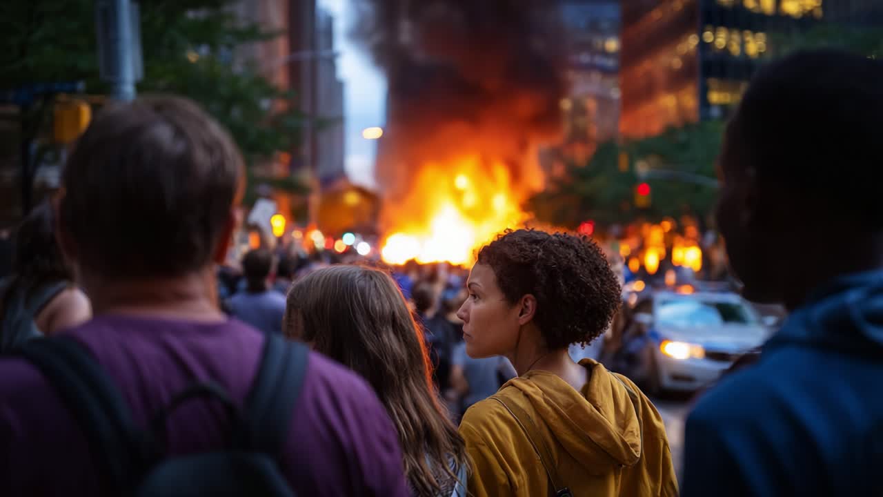 Intensa scena urbana: cittadini assistono a un potente incendio che scoppia nel caos della città, evidenziando la tensione e le emozioni multiformi presenti nell'ambiente