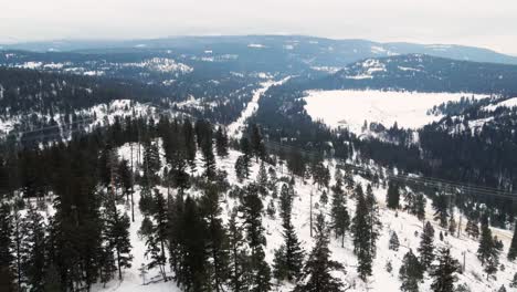 Aerial-Approaching-Shot-of-a-Tree-Covered-Mountain-in-the-Thompson-Nicola-District:-A-Gorgeous-Winter-Landscape