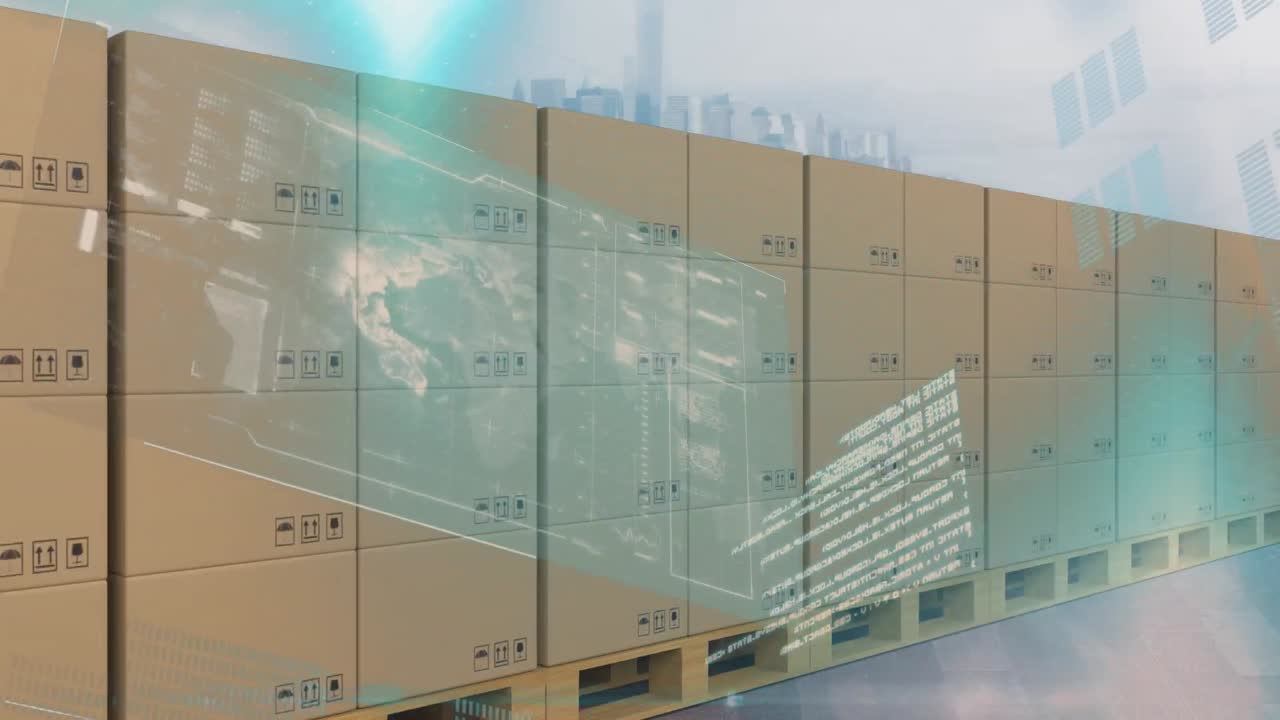 interfaz digital con procesamiento de datos contra la pila de cajas de entrega