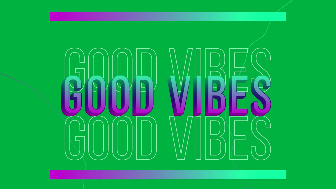 Animazione del testo "good vibes" con lettere verdi e viola, ripetuto, su sfondo bianco.
