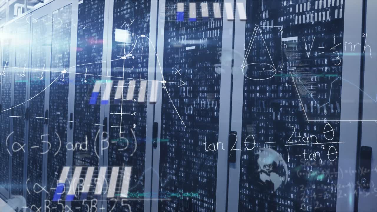 animacja równań matematycznych i przetwarzanie danych w pustym pokoju serwerowym komputera