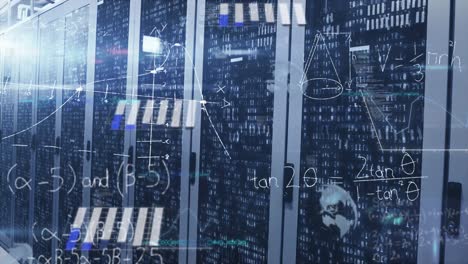 animation of mathematical equations and data processing against empty computer server room
