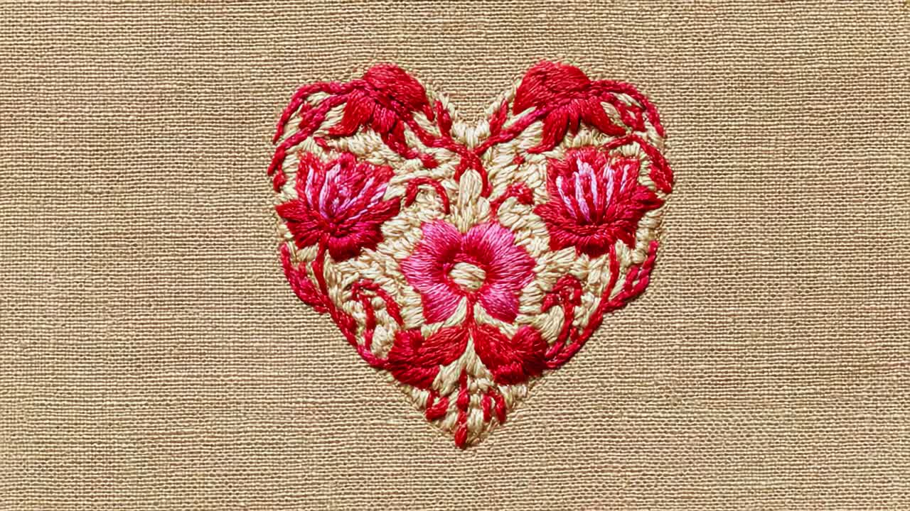 Delicate Red Heart Embroidery: A Beautiful Display of Floral Patterns and Vibrant Threads on Beige Fabric, Showcasing Artistic Craftsmanship and Love for Hand-Stitched Art
