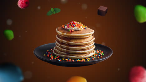 panqueques de leche de mantequilla esponjosos con salpicaduras introducción de animación para publicidad o comercialización en fondo naranja oscuro para restaurantes con los ingredientes del postre volando en el aire - añadir precio