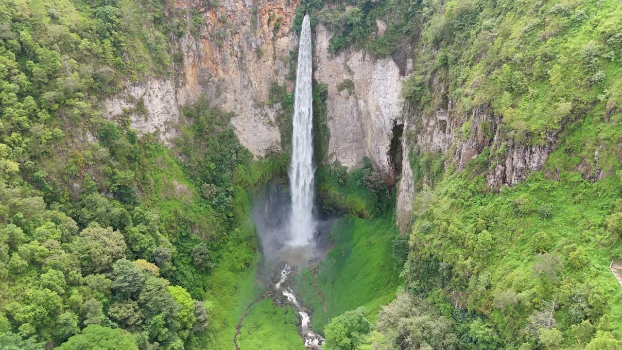 Aerial panoramic of Sipiso Piso waterfall in Sumatra, Indonesia