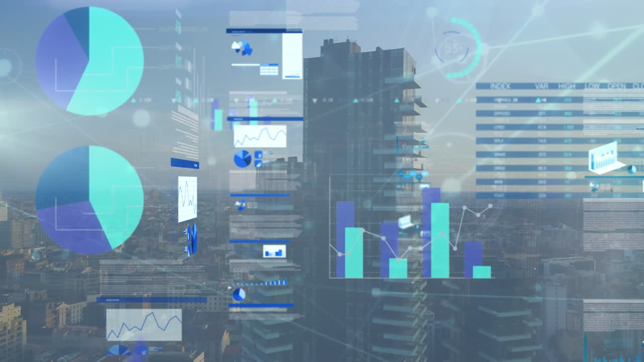 Animation of network of connections and data processing over cityscape