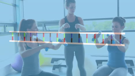 animation of dna strand over diverse women lifting dumbbells on gym