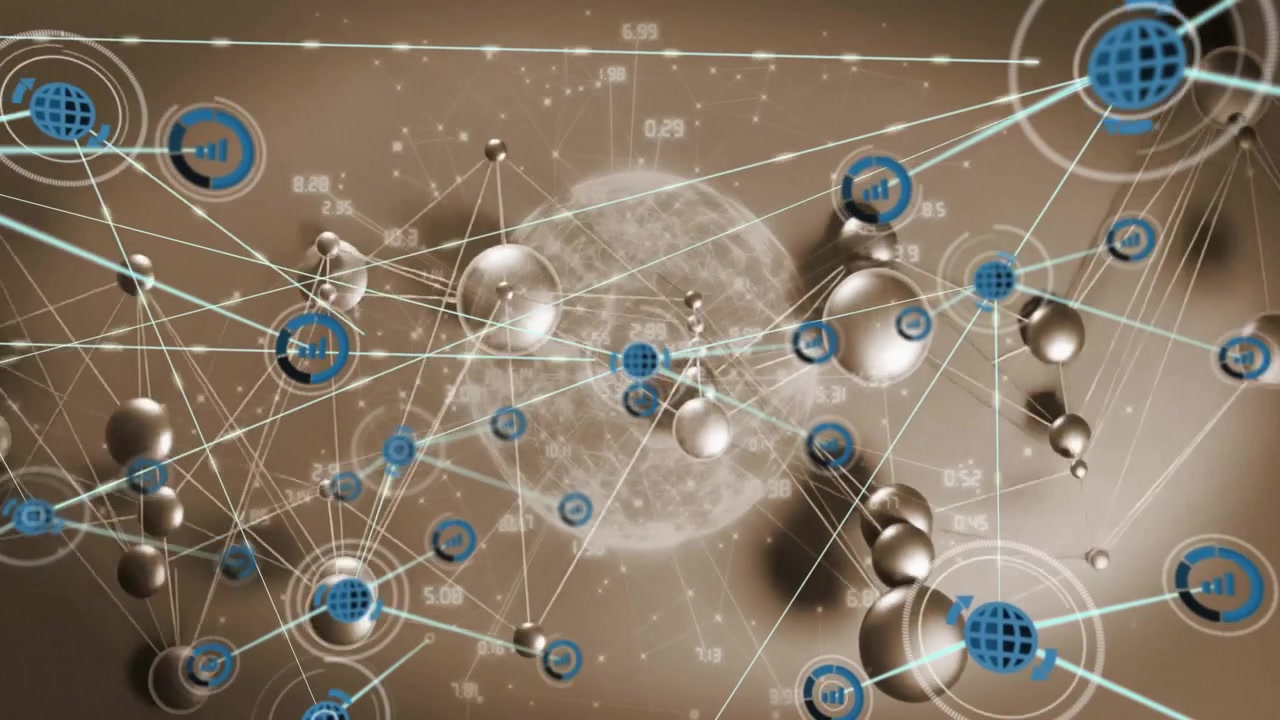 Cyan link sweeping from left activating metal node network linking spheres and showing data flow