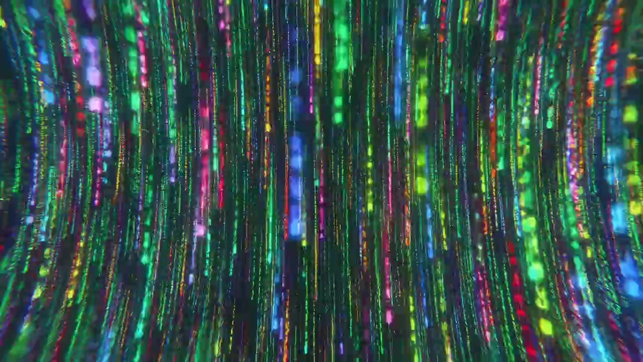 Strisce luminose verticali di luce verde, blu, rosa e rossa si muovono attraverso una scena astratta e scura, creando un vivace motivo digitale con una sfocatura morbida e un forte impatto.