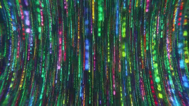 Strisce luminose verticali di luce verde, blu, rosa e rossa si muovono attraverso una scena astratta e scura, creando un vivace motivo digitale con una sfocatura morbida e un forte impatto.