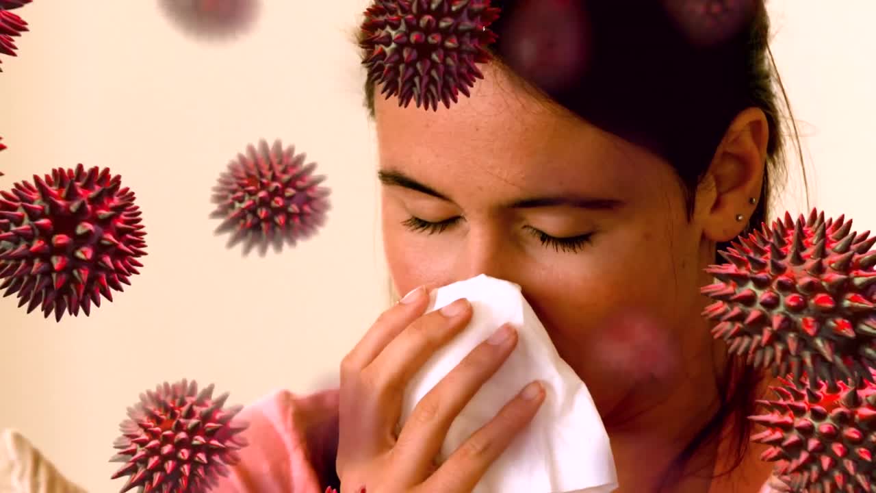 animación de la caída de las células de covid-19 sobre una mujer caucásica enferma