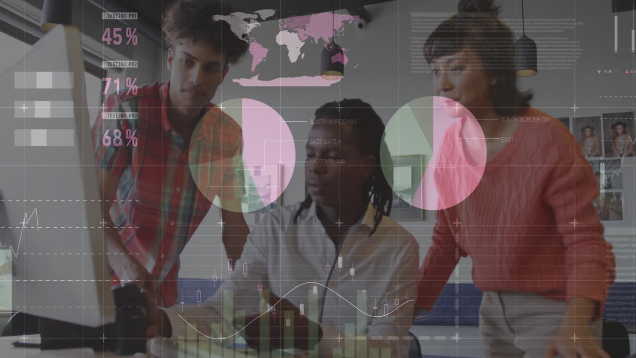 animación de procesamiento de datos y diagramas sobre diversos colegas discutiendo el trabajo en la oficina