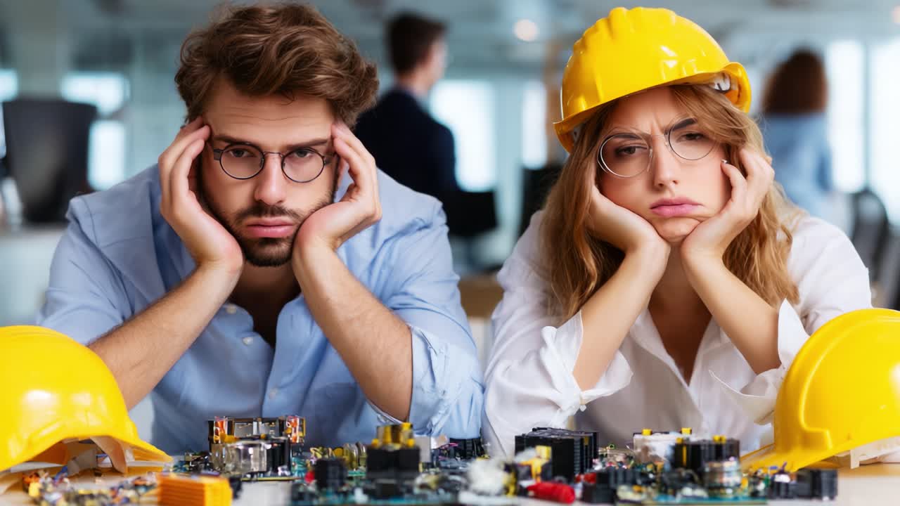 Frustrated Engineers Struggling with Circuit Boards and Components in a Modern Workspace, Showcasing the Challenges of Technical Problem-Solving in a Collaborative Environment