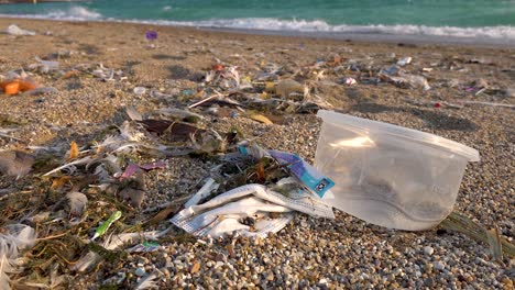 Close-Up-Of-Plastic-and-Garbage-Polluting-Sandy-Beach