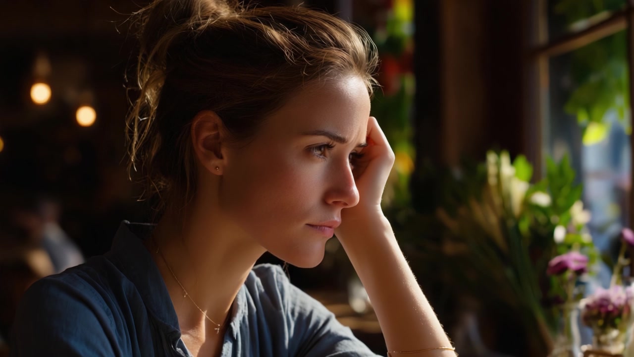 A pensive young woman reflecting on her thoughts and emotions while sitting at a table, illuminated by gentle sunlight in a cozy indoor setting.
