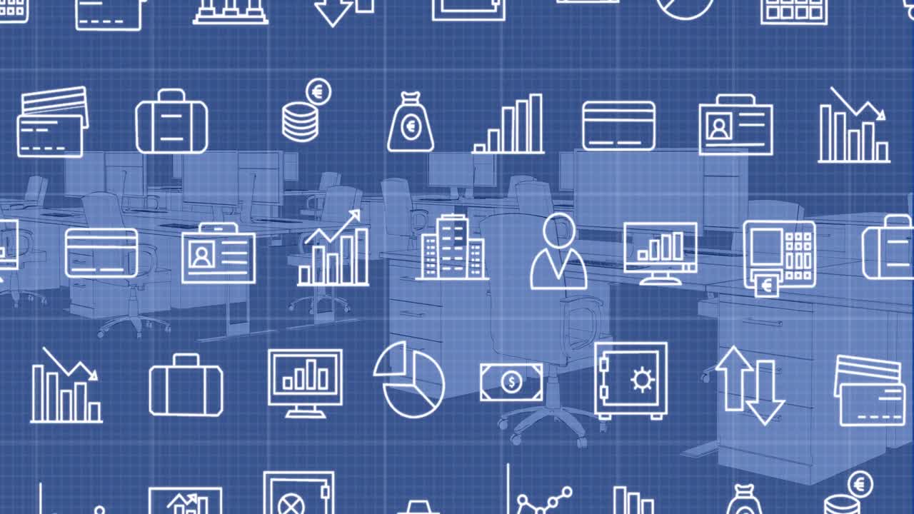 animación de múltiples iconos digitales a través de la red de cuadrícula contra el modelo de oficina 3d.