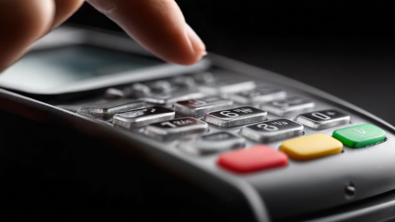 Close-Up Focus on a Hand Pressing a Button on a Payment Terminal, Highlighting the Technology in Use for Transactions and Modern Payment Solutions