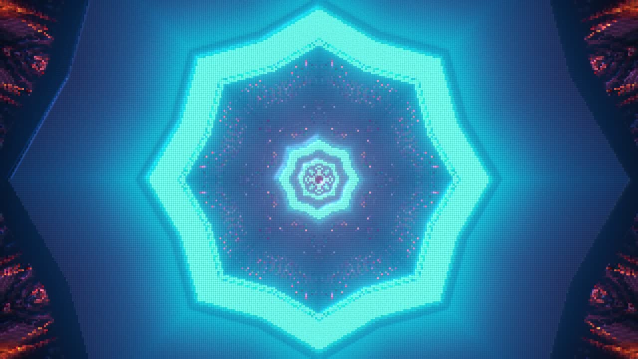 animación que representa la iluminación espiritual a través de símbolos azules curativos que se emiten desde el centro