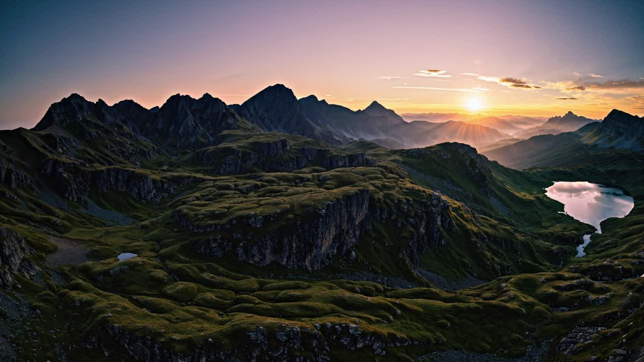 Spectacular sunrise illuminates a stunning mountain landscape, casting vibrant colors across the sky. Rugged peaks rise dramatically, creating a silhouette against the warm hues of dawn. A tranquil lake nestled in the valley reflects the evolving light, enhancing the serene atmosphere. Lush greenery
