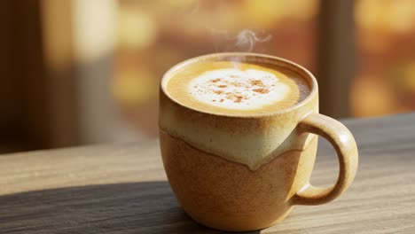 steaming hot latte on a wooden surface in warm light