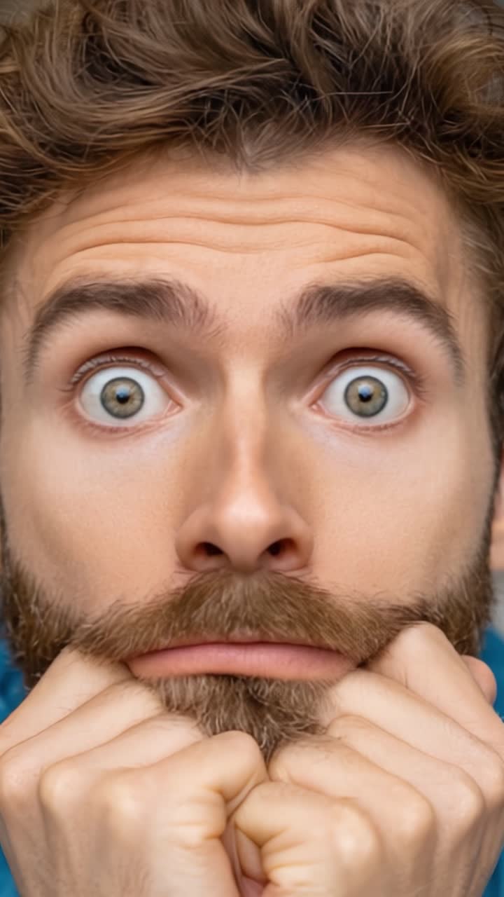 Surprised Expression: A Close-Up Look at a Young Man's Emotions as He Reacts with Widened Eyes and a Quizzical Gesture in a Captivating Video Frame Sequence