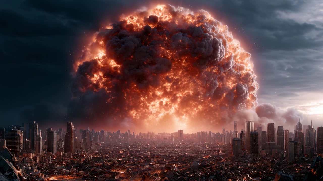 Uma Explosão Catastrófica Ilumina as Ruínas de uma Cidade, Mostrando a Devastação e Destruição Impostas pela Erupção Ardente em Meio a um Céu Tumultuado