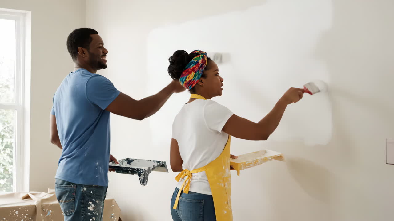 A couple painting a room in their home