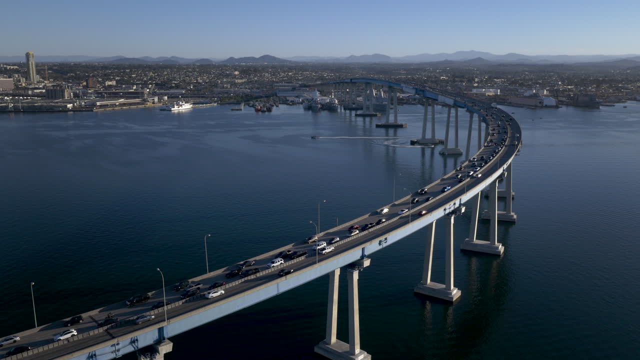 Aerial View of the Iconic Coronado Bridge Spanning San Diego Bay with Cityscape and Traffic